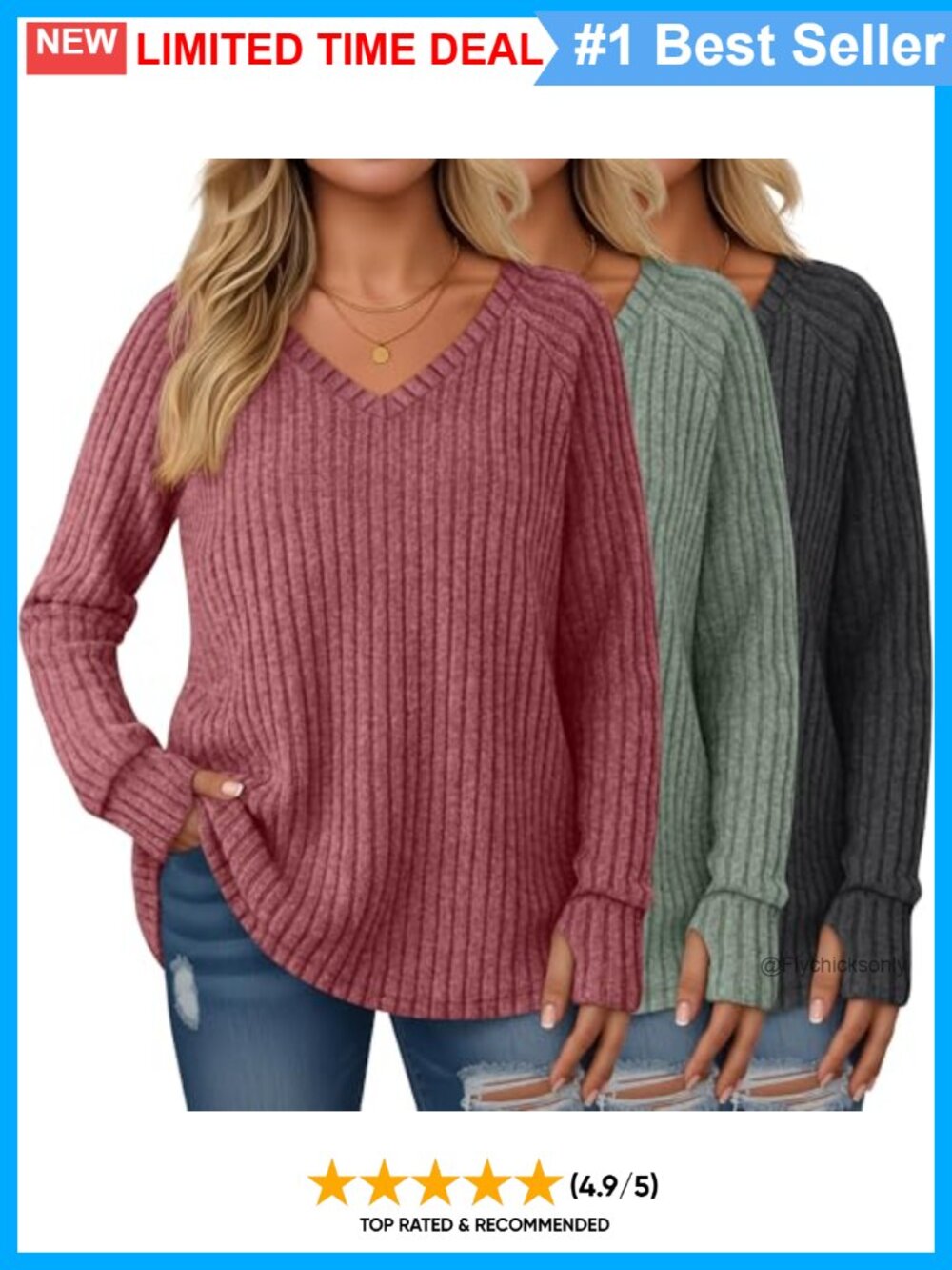 Plus Size Tunic Sweaters 3 Pack Thumbhole Long Sleeve V Neck Knit Tops